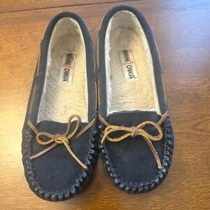 Minnetonka Navy Suede Moccasins with Brown Laces